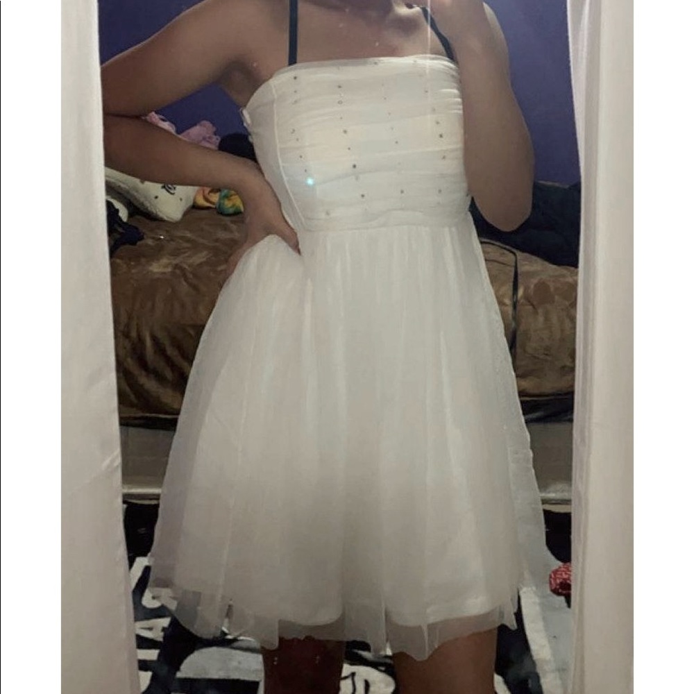 Rue21 short, white sequin off the shoulder dress